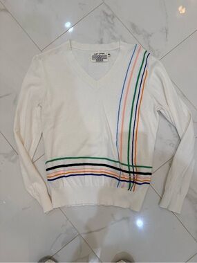 Tory Sport White V-Neck Sweater with Green, Blue, Orange & Black Stripes